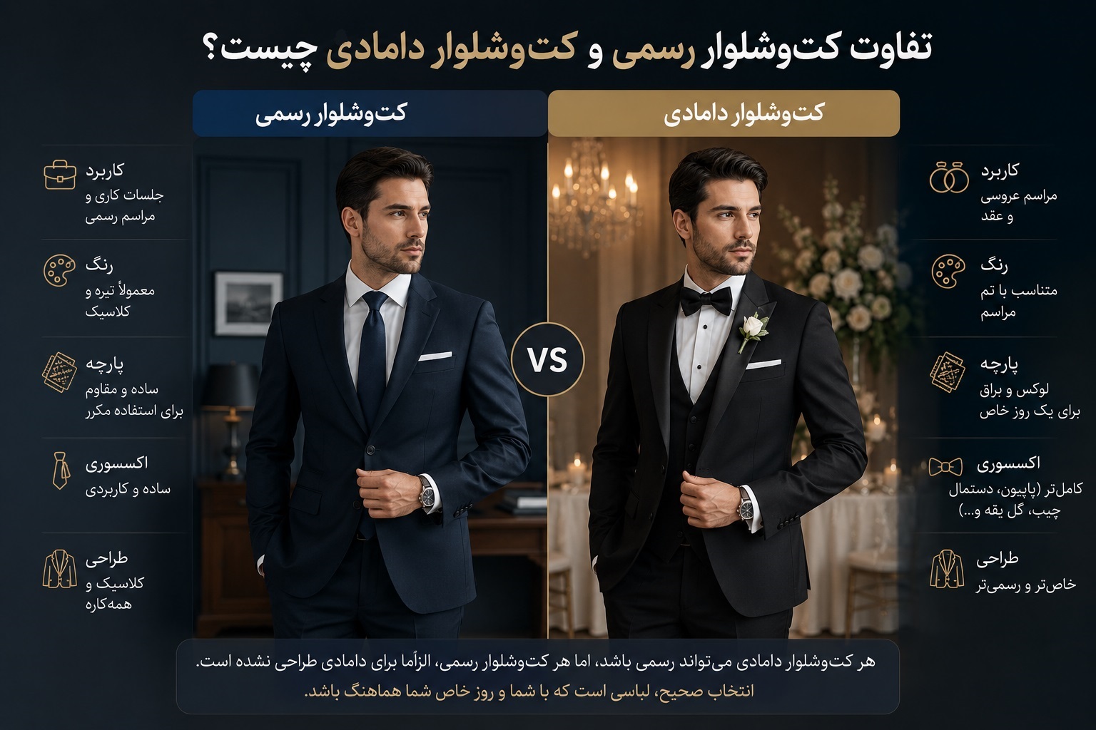 تفاوت کت‌وشلوار رسمی و کت‌وشلوار دامادی چیست؟